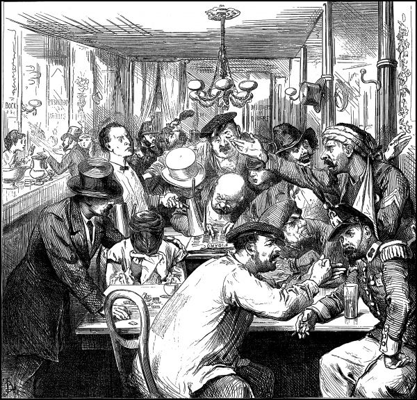 Contemporary illustration of a Paris cafe discussion.