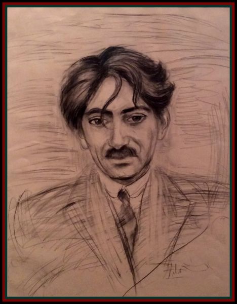 Pencil drawing of dramatic man with mustache.
