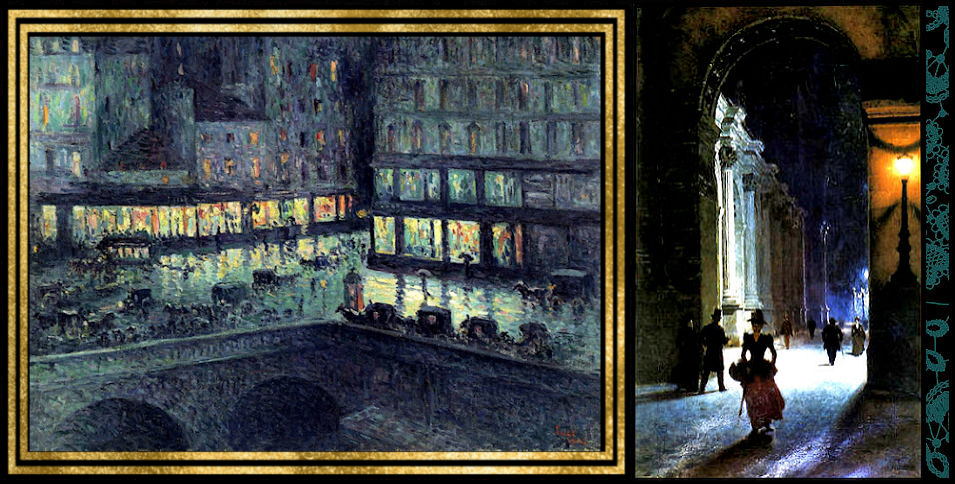 A painting of a city at night and a picture of the same scene.