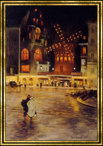 A painting of a city and a boat on the water.