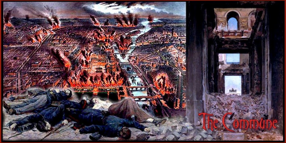 Burning cityscape with fallen soldiers, ruined building.